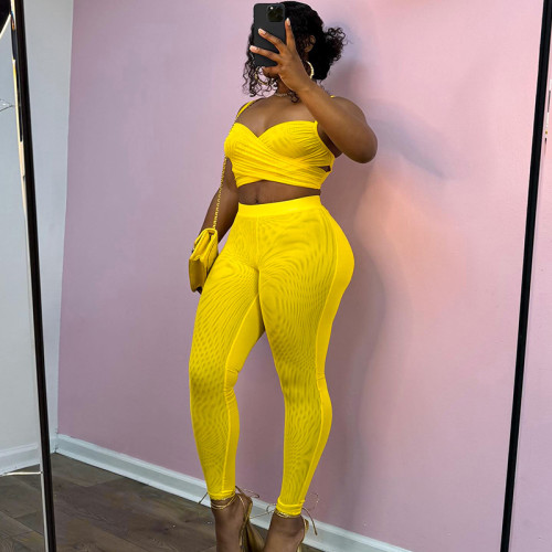 Sling, hollow out, pleated, cross exposed, navel wrapped, hip hugging, small foot long pants set