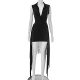 Collar button sleeveless jumpsuit with tassel straps, half skirt set