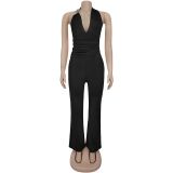 Strap deep V-neck solid color jumpsuit