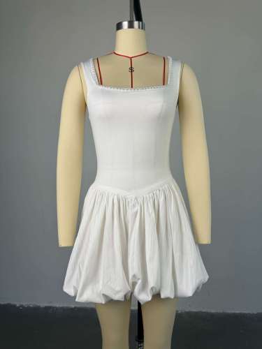 Nail bead square neck high waisted dress short skirt