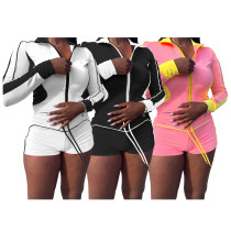 Color blocking patchwork long sleeved shorts stretch sports suit