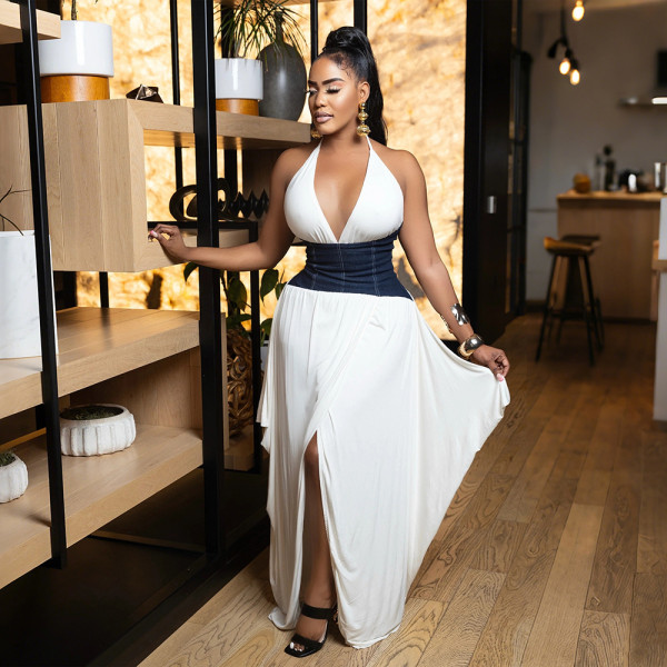 Irregular deep V-neck dress with slit