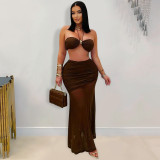 Strapless, arm hugging, pleated mesh long dress