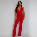Strap deep V-neck solid color jumpsuit