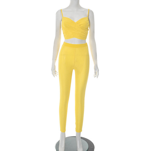 Sling, hollow out, pleated, cross exposed, navel wrapped, hip hugging, small foot long pants set