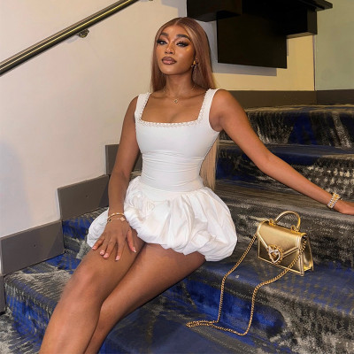 Nail bead square neck high waisted dress short skirt