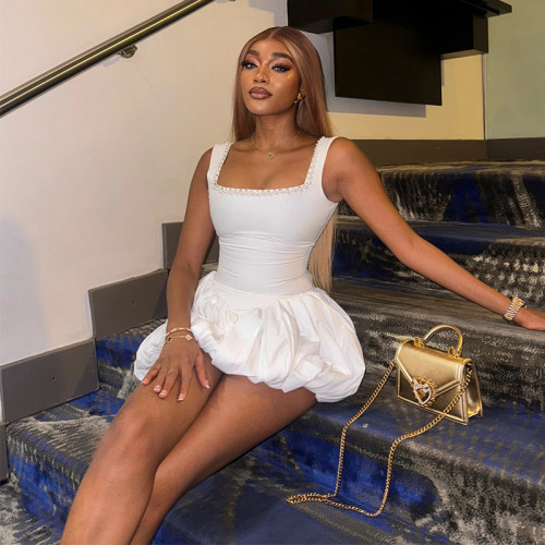 Nail bead square neck high waisted dress short skirt