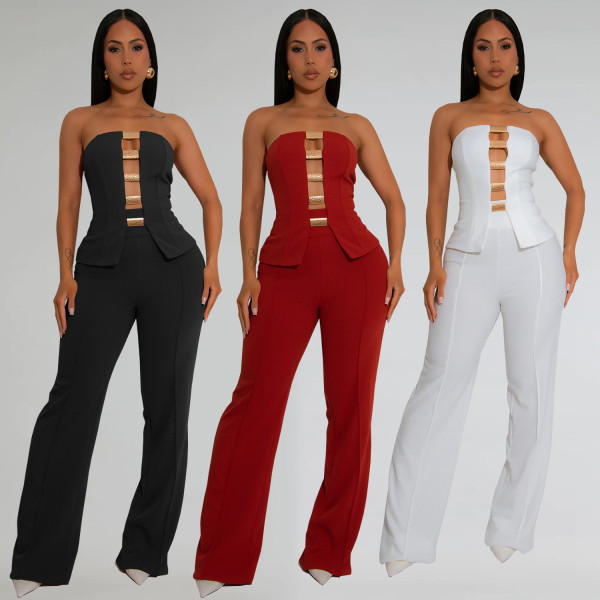 Strapless gold buckle bag arm long pants two-piece set