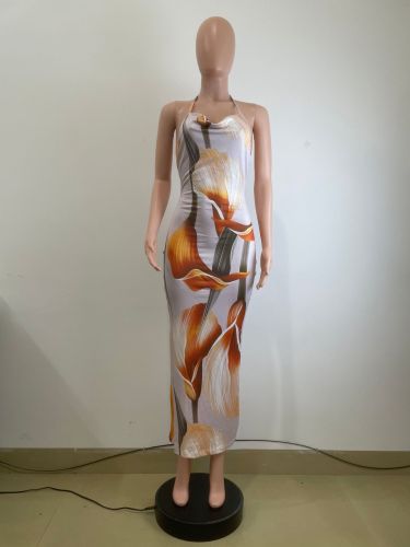 Printed temperament neck hanging dress