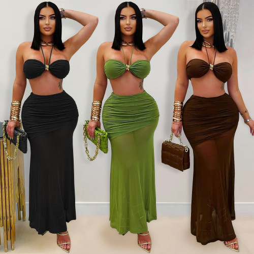 Strapless, arm hugging, pleated mesh long dress