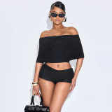 One shoulder top, three piece shorts, calf socks, three piece set