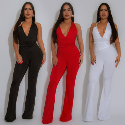 Strap deep V-neck solid color jumpsuit