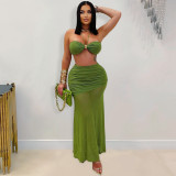 Strapless, arm hugging, pleated mesh long dress
