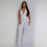Strap deep V-neck solid color jumpsuit