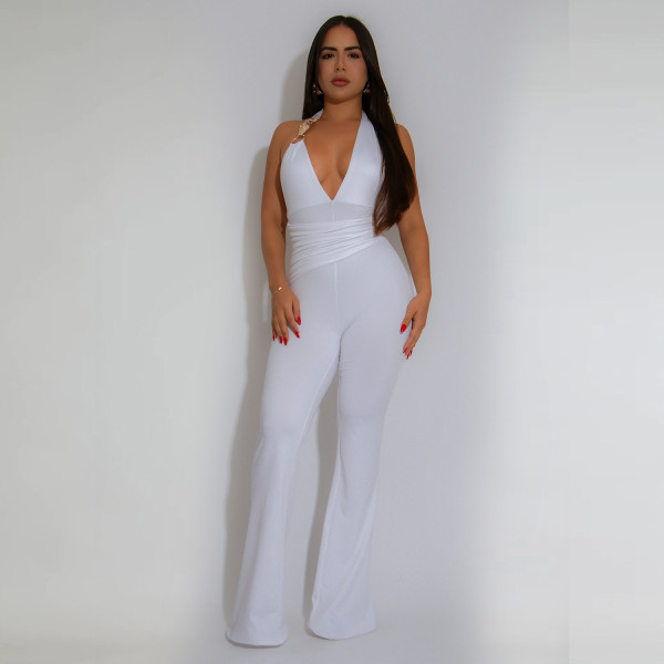 Strap deep V-neck solid color jumpsuit