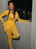 Lace hollowed out deep V perspective long sleeved top and pants set