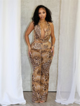 Leopard print lace up halter top with exposed back and pants set Leopard print lace up halter top with exposed back and pants set