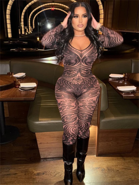 Deep V-print elastic jumpsuit jumpsuit