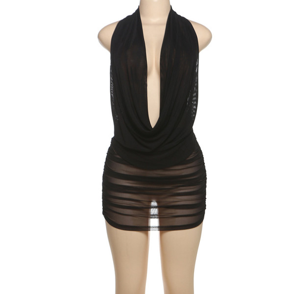 Deep V-neck backless hanging neck mesh short skirt two-piece set