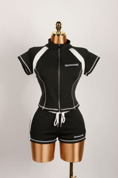 Zipper cardigan sports short sleeved T-shirt top set
