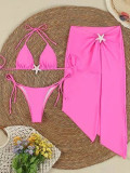 Three piece swimsuit set with gathered lace up gauze skirt and split swimsuit set