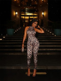 Leopard print elastic sleeveless jumpsuit