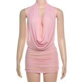 Deep V-neck backless hanging neck mesh short skirt two-piece set