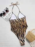 Tiger print hollow strap tight one-piece swimsuit