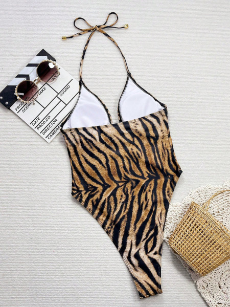 Tiger print hollow strap tight one-piece swimsuit
