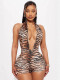 Deep V-neck leopard print backless elastic short jumpsuit