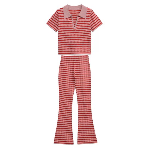 Polo shirt paired with striped flared pants knit set