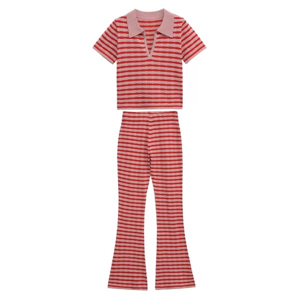 Polo shirt paired with striped flared pants knit set
