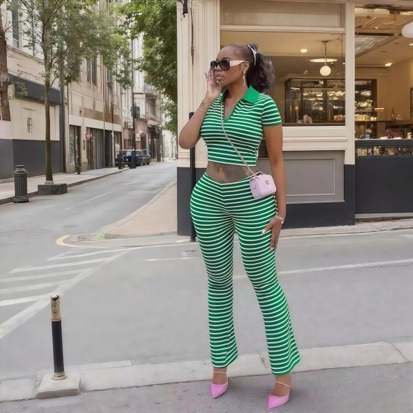 Polo shirt paired with striped flared pants knit set