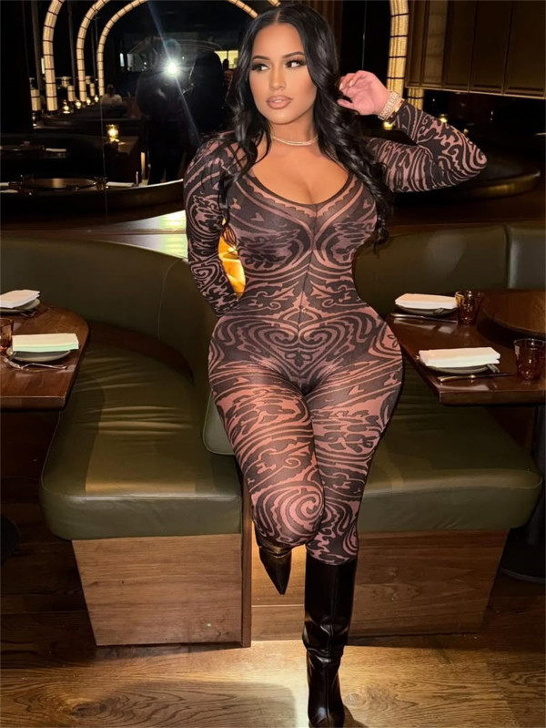Deep V-print elastic jumpsuit jumpsuit