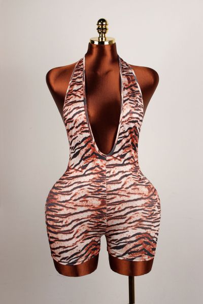 Deep V-neck leopard print backless elastic short jumpsuit