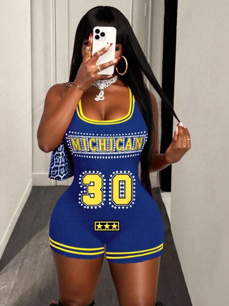 Printed camisole U-neck hip hugging shorts jumpsuit