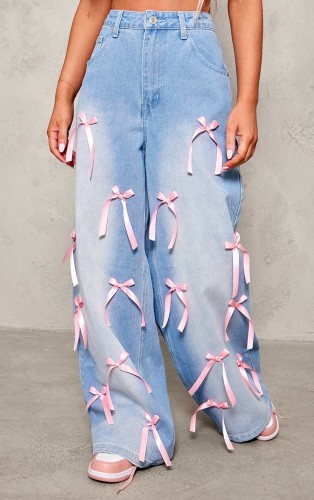 Bow high waisted wide leg jeans