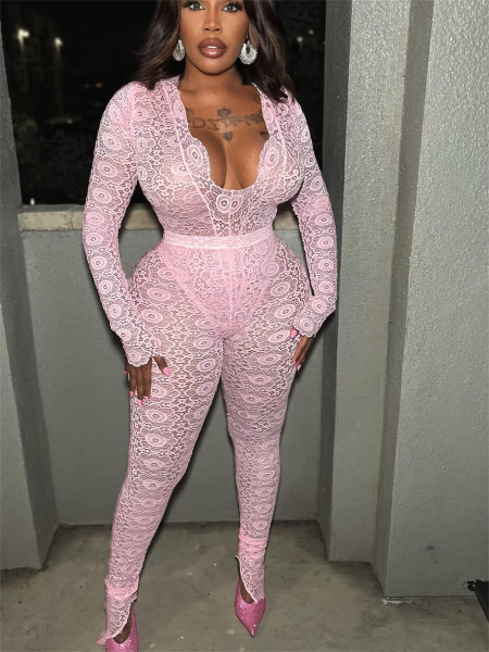 Lace hollowed out deep V perspective long sleeved top and pants set