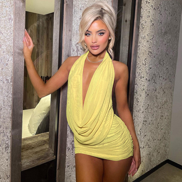 Deep V-neck backless hanging neck mesh short skirt two-piece set