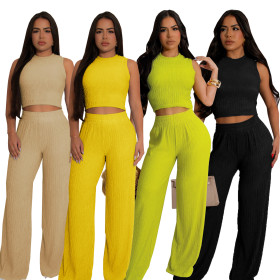Two piece set of high elasticity knitted pit stripe wide leg pants