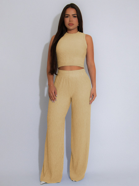 Two piece set of high elasticity knitted pit stripe wide leg pants