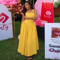 Waist pleated A-line skirt with hanging neck, sleeveless long dress