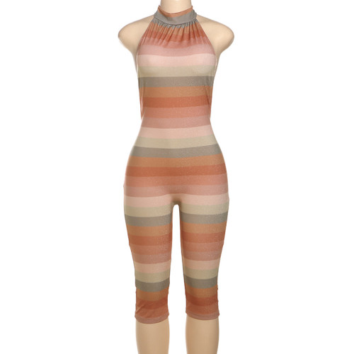 Sleeveless hanging neck backless tight fitting jumpsuit