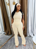 Sports round neck T-shirt low waisted flared pants with two-piece set