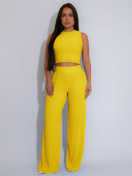 Two piece set of high elasticity knitted pit stripe wide leg pants