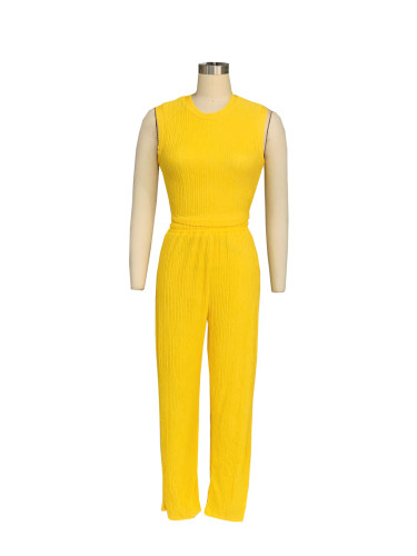 Two piece set of high elasticity knitted pit stripe wide leg pants