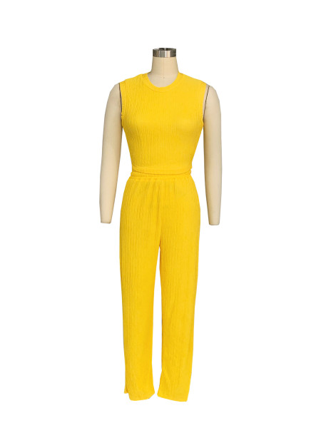 Two piece set of high elasticity knitted pit stripe wide leg pants