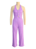 Two piece set of slim fit vest high waisted wide leg pants