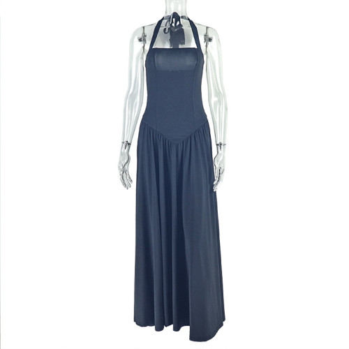 Waist pleated A-line skirt with hanging neck, sleeveless long dress