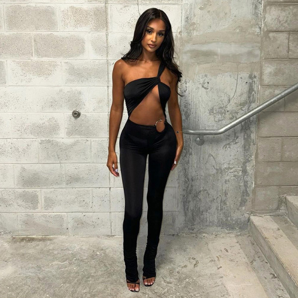 Tight hollowed out one shoulder yoga jumpsuit